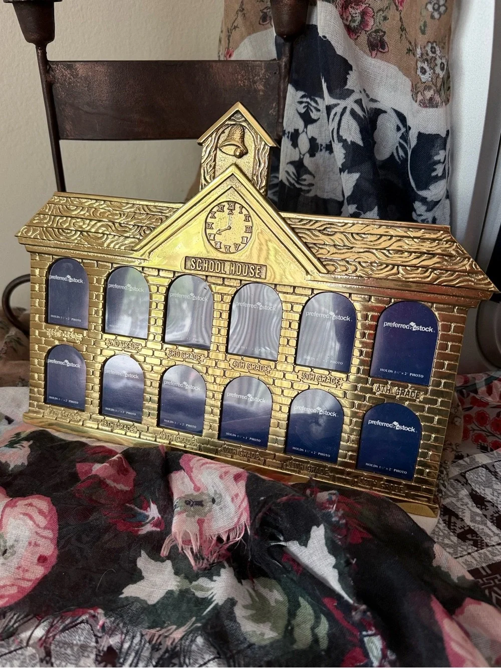 Schoolhouse Brass Tone Photo Frame School K-12 Vintage Gold Wall Table Display